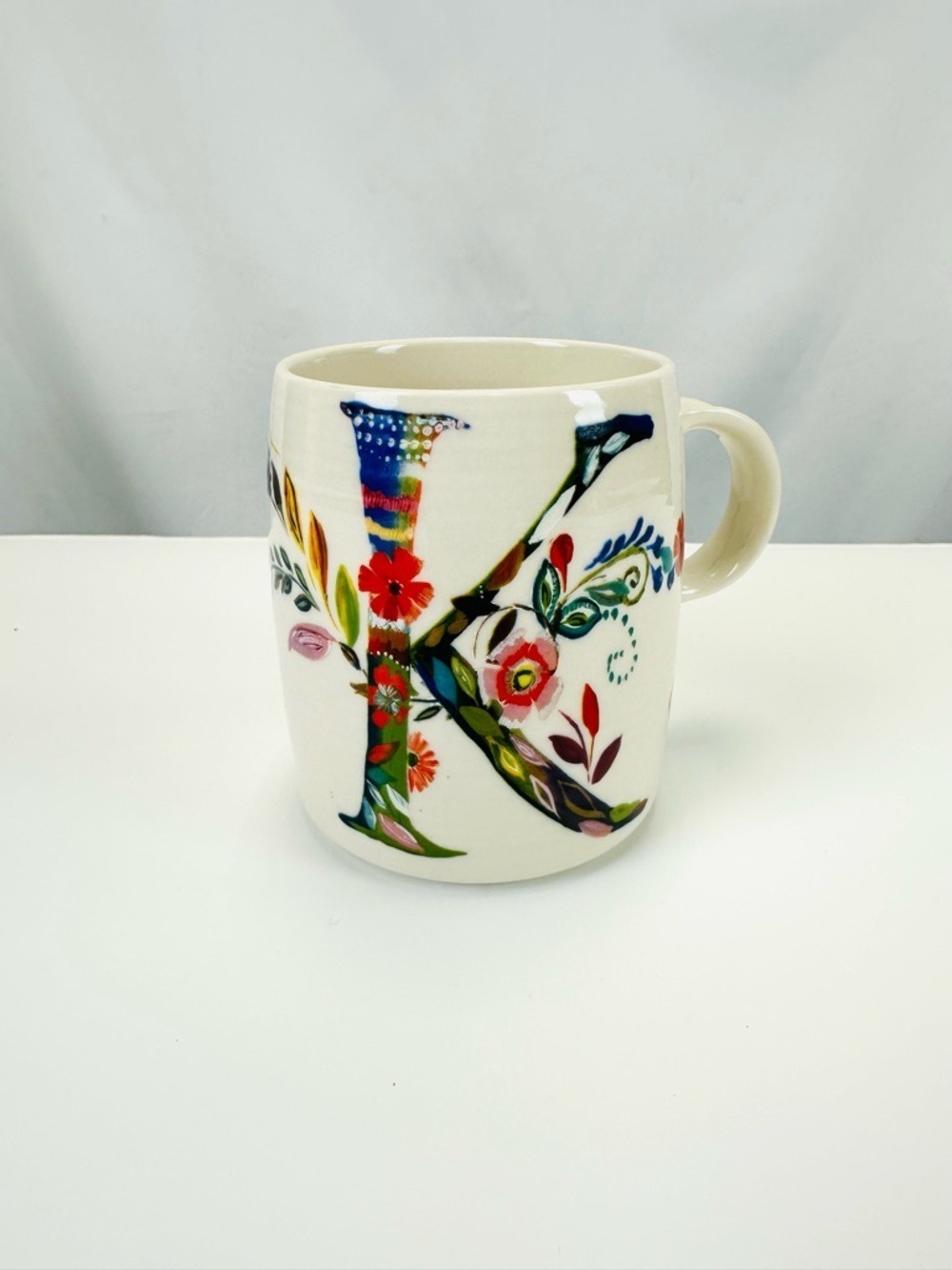Anthropologie Starla Halfman monogram pottery coffee mug letter K floral bright
